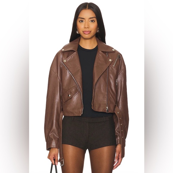 REVOLVE Jackets & Blazers - Revolve All the Ways Cally chocolate brown faux leather cropped fall jacket XXS